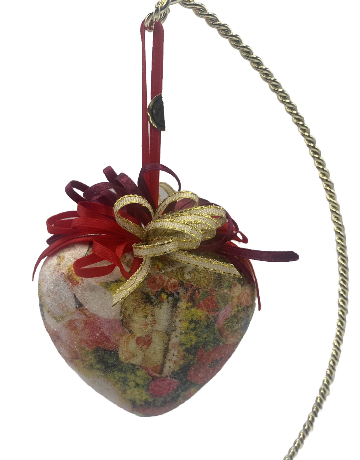 Vtg 1980s Christmas Ornament Heart Shaped Brocade Floral Ribbon Cherub Red Gold