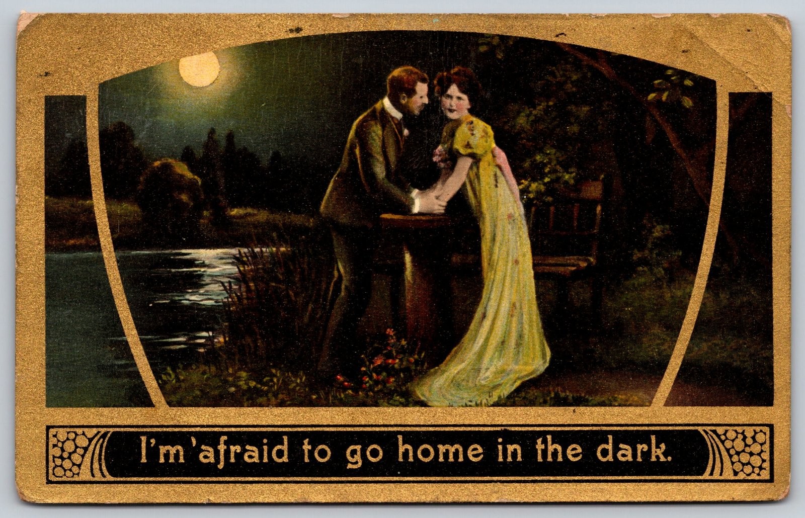 I\'m afraid to go home in the dark Couple Moonlight Romance Postcard PC219