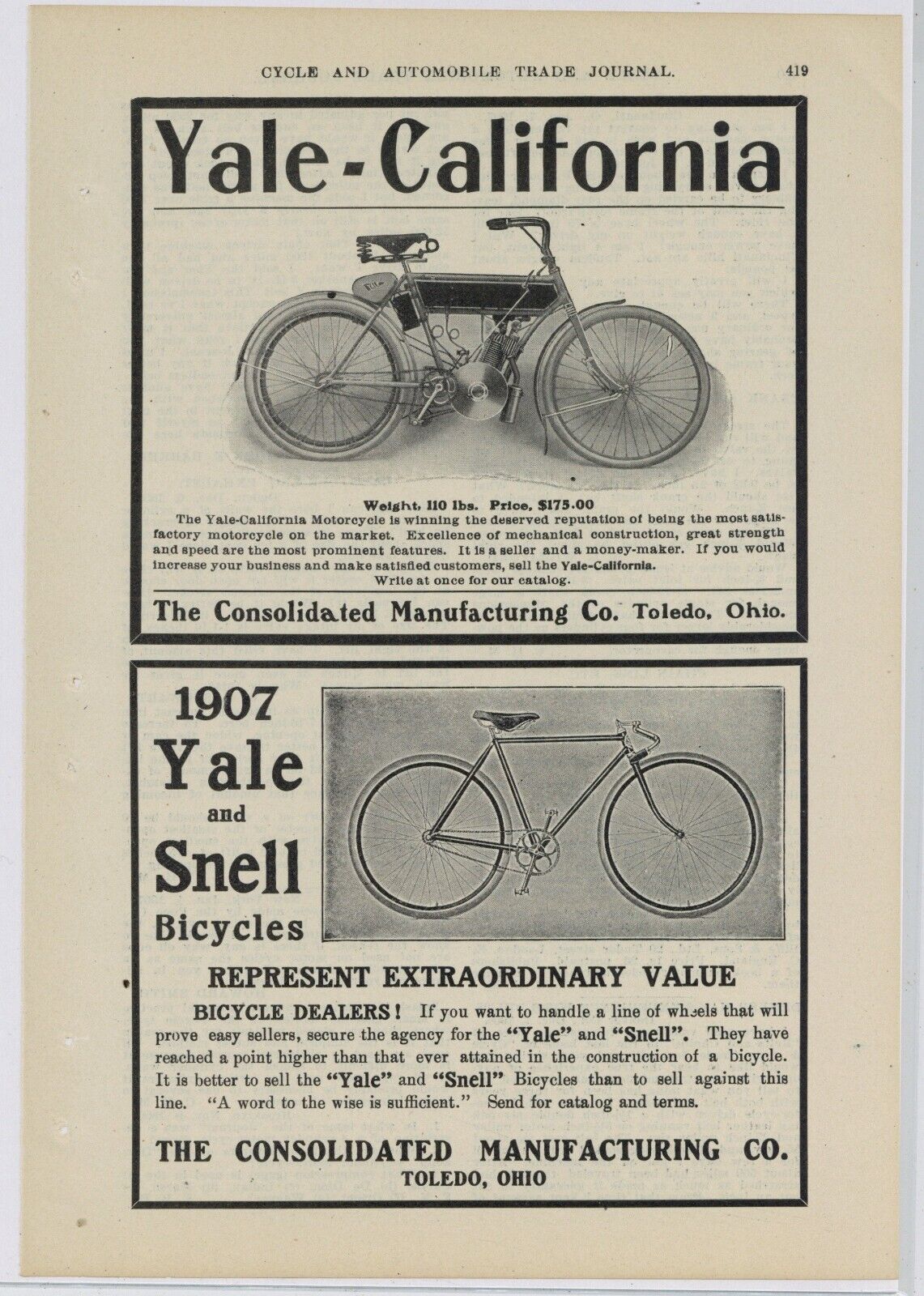 1907 Consolidated Mfg. Co. Ad: Yale California Motorcycle, Bicycle - Toledo OhiO