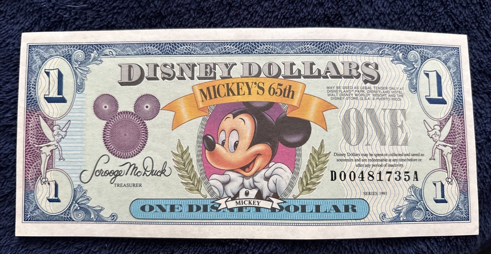 1993 Mickey\'s 65th Anniversary Uncirculated Disney $1 Dollar