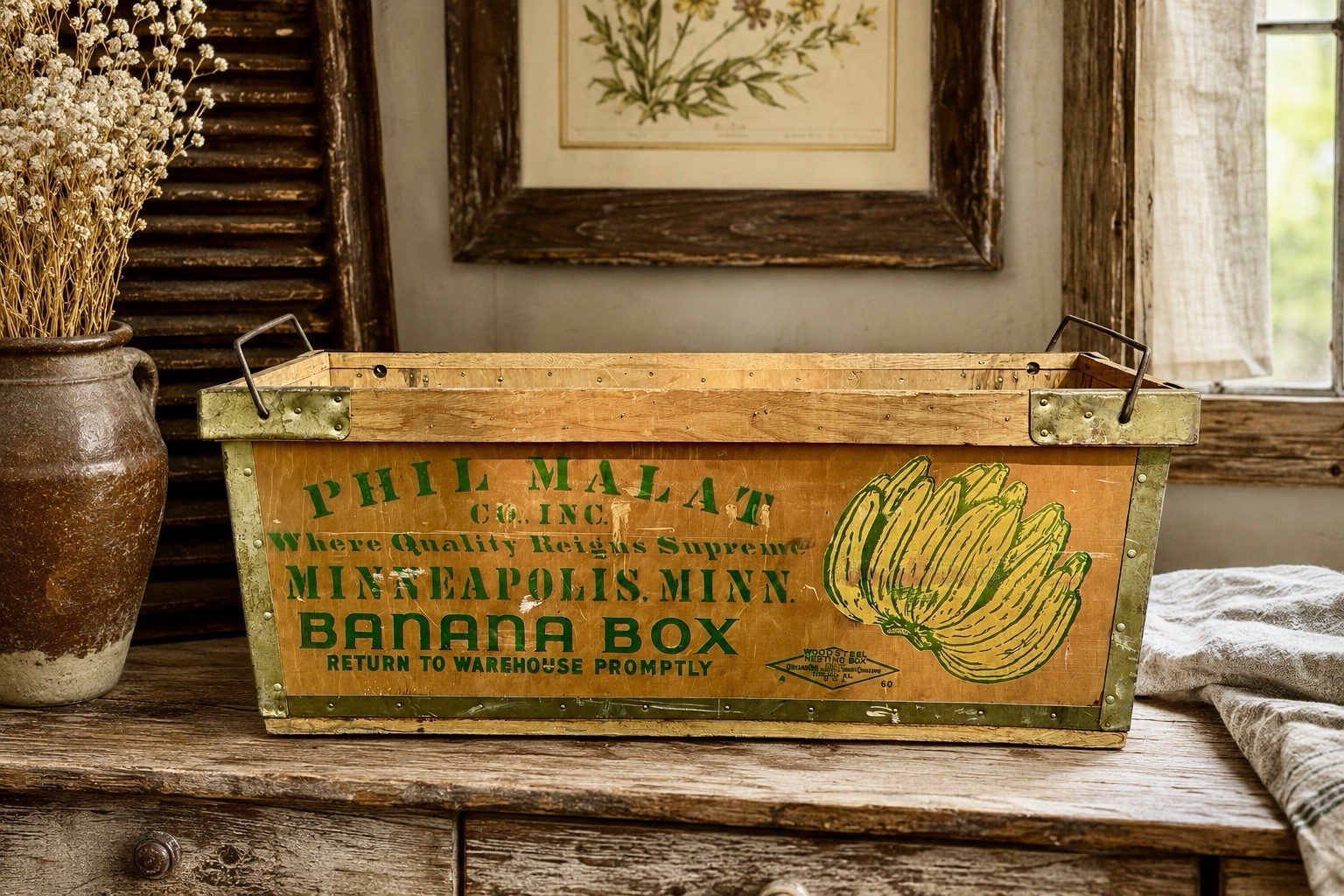 Vintage Wooden Banana Crate Phil Malat Minneapolis mn Wood Fruit Box Handles Vintage Wooden Banana Crate Phil Malat Minneapolis mn Wood Fruit Box Handles