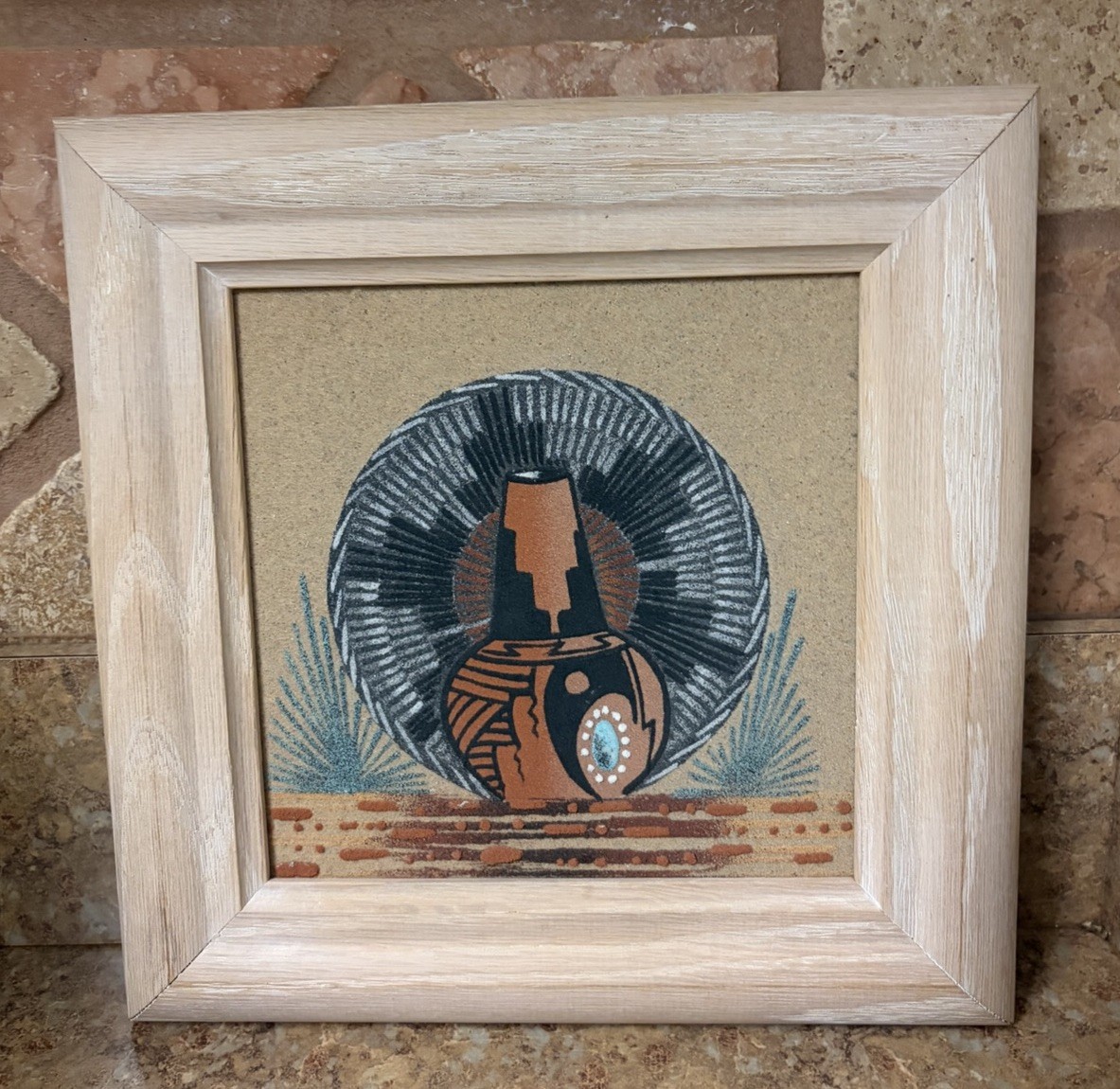 Native American Sand Painting Signed G.L. Framed  8.75” Vase Basket