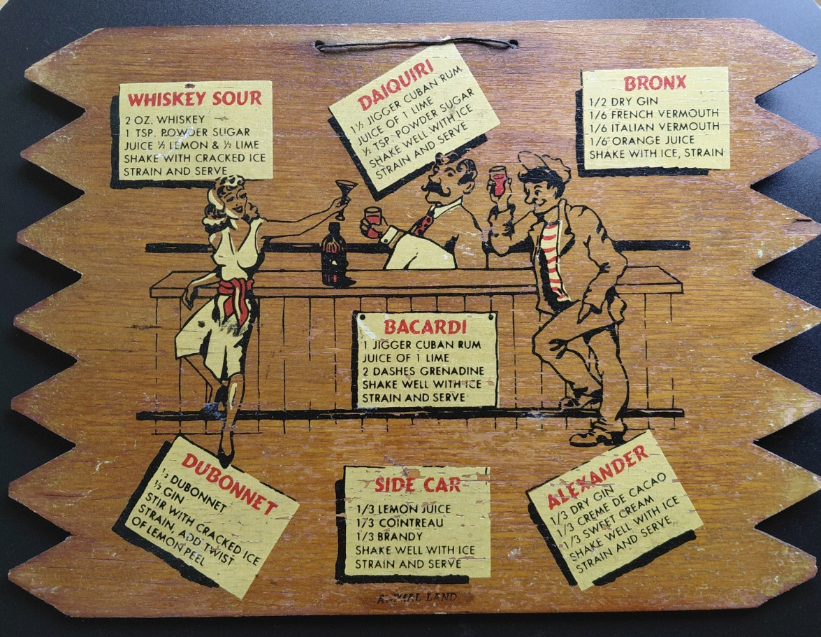 Vintage Wood Bar Plaque of Cocktail Recipies and Characters Leaning on the Bar