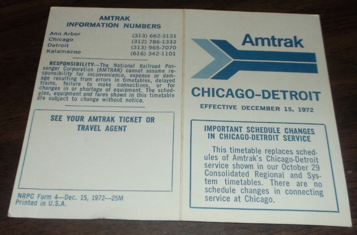 SCARCE DECEMBER 1972 AMTRAK CHICAGO DETROIT PUBLIC TIMETABLE