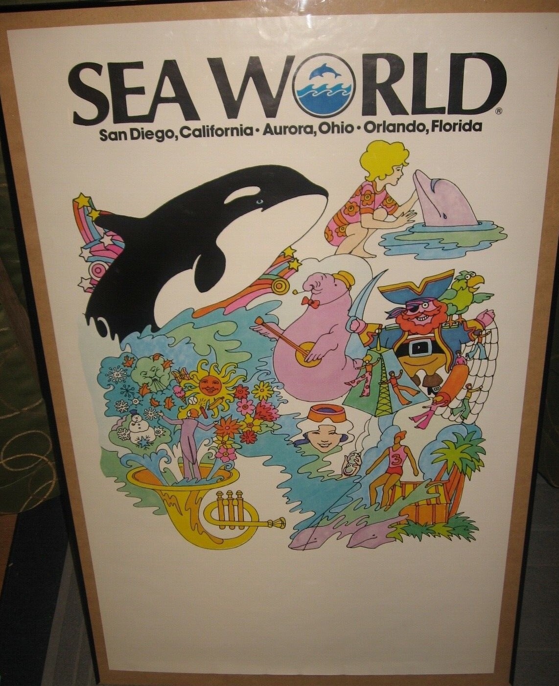 Vintage 1970\'s Sea World LARGE Promo Poster Shamu Whales Dolphins Amusmt Pk Prop