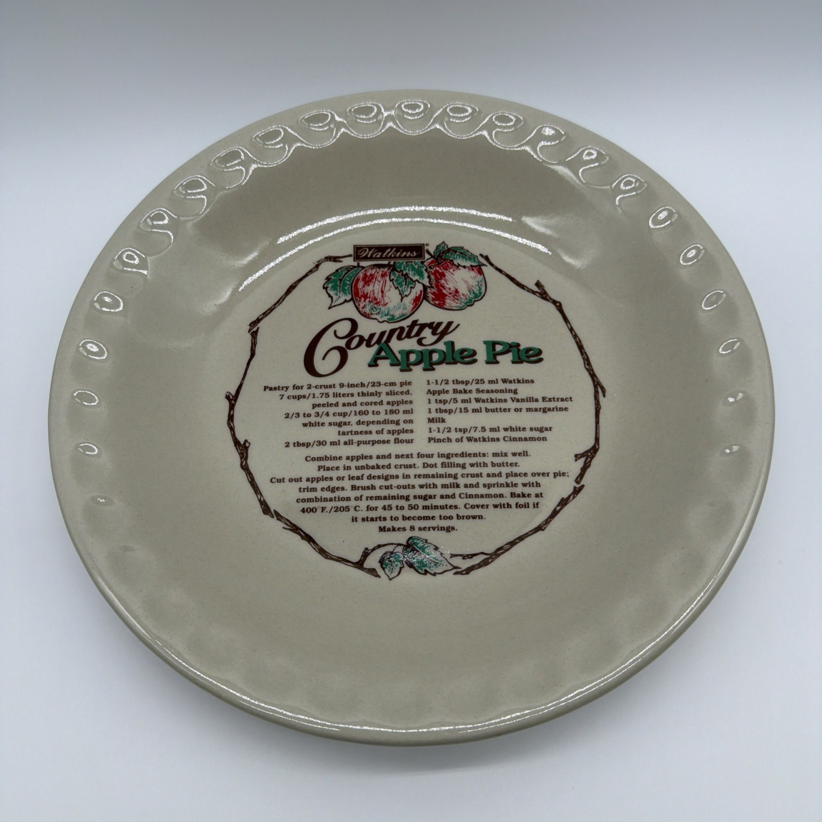 Vintage 1996 Watkins Country Apple Recipe Pie Plate Dish 10.25” Ceramic