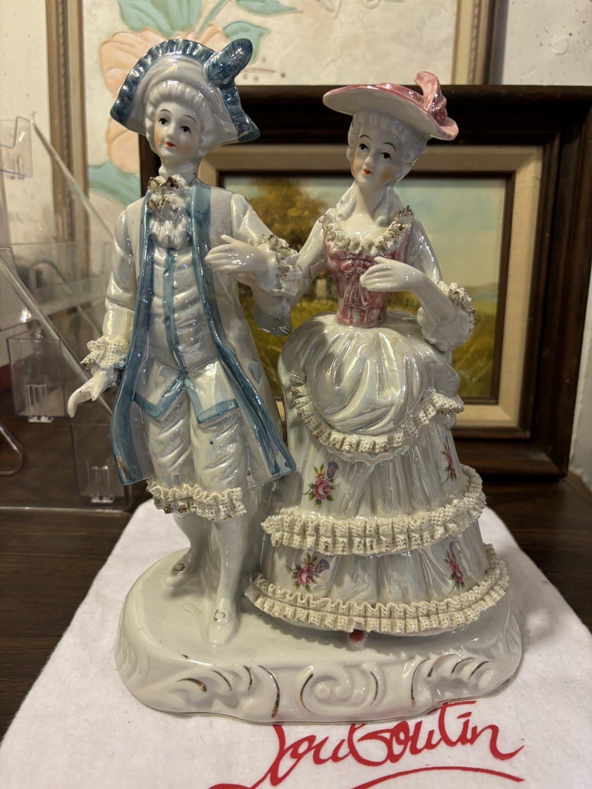 Vintage German Porcelain Lace Courting Couple Figurine Iridescent Rococo Large