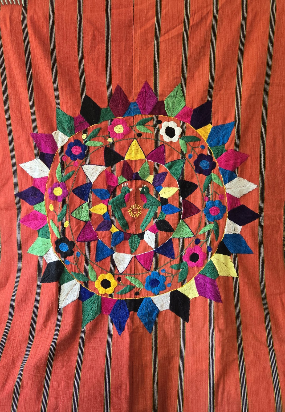 Vintage Large Guatemala Woven Embroidered Textile Sun Orange Green