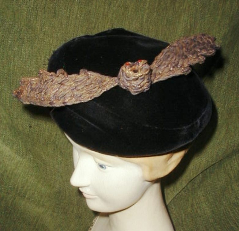 Antique 1910's Gothic Creepy BAT or Bird w red Jewel Eyes Millinery Adornment