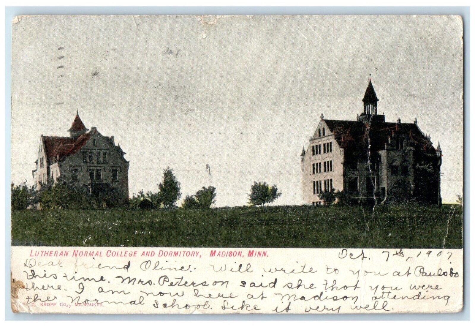 1907 Exterior View Lutheran Normal College Dormitory Madison Minnesota Postcard