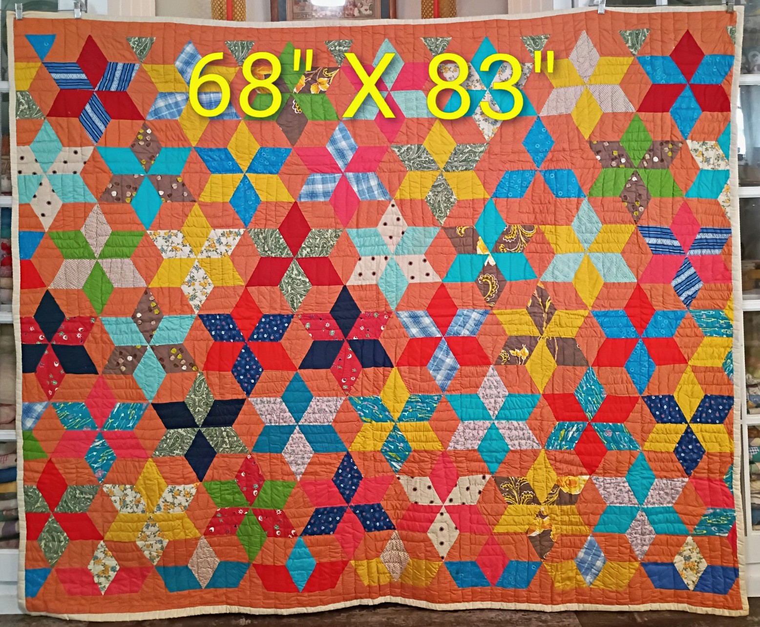 Vintage AMAZING Handsewn Star Quilt 68x83 Granny/Cottage Core Style 