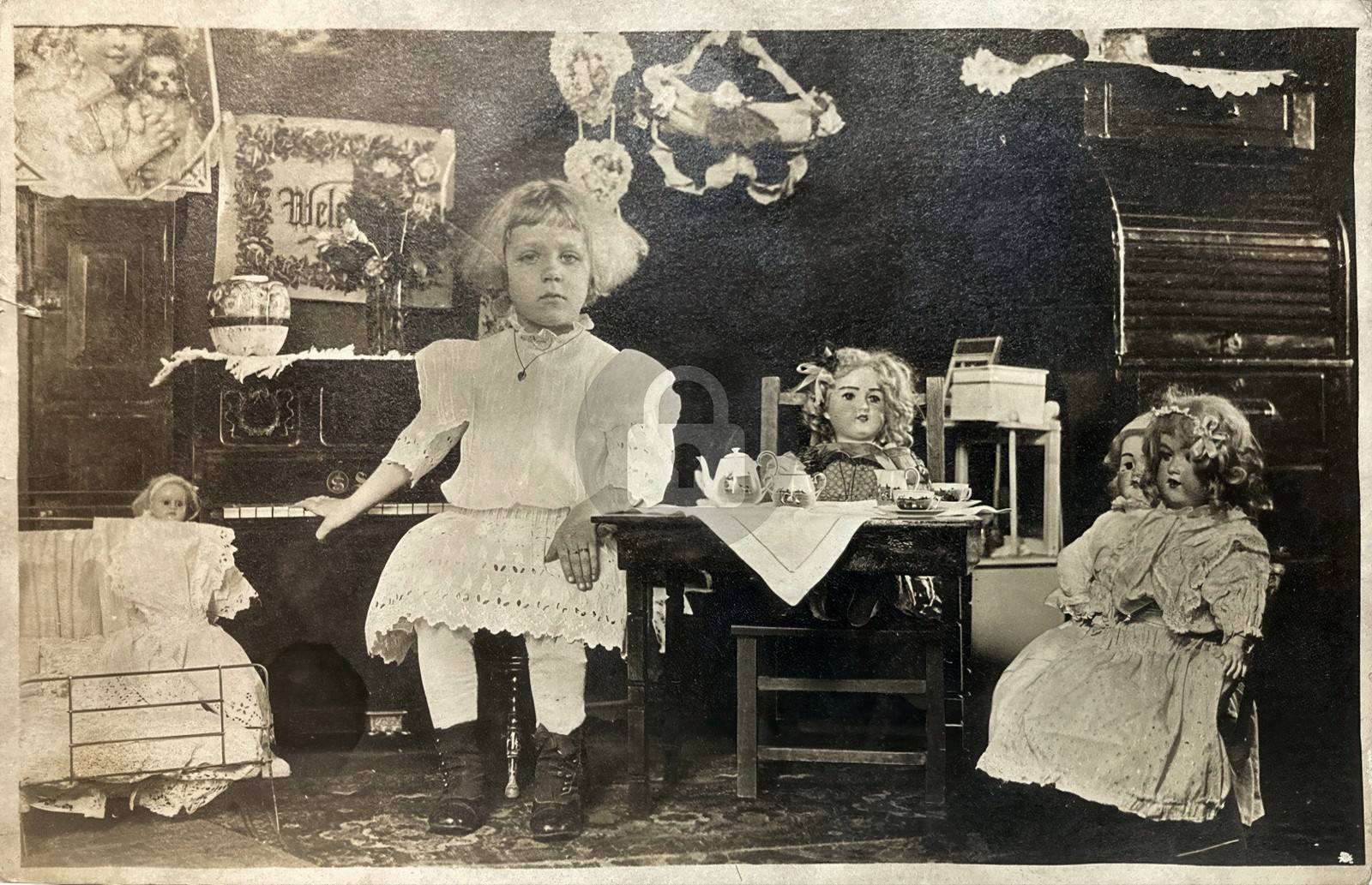 Childs Tea Party w Dolls c1910 RPPC Photo Postcard COPY