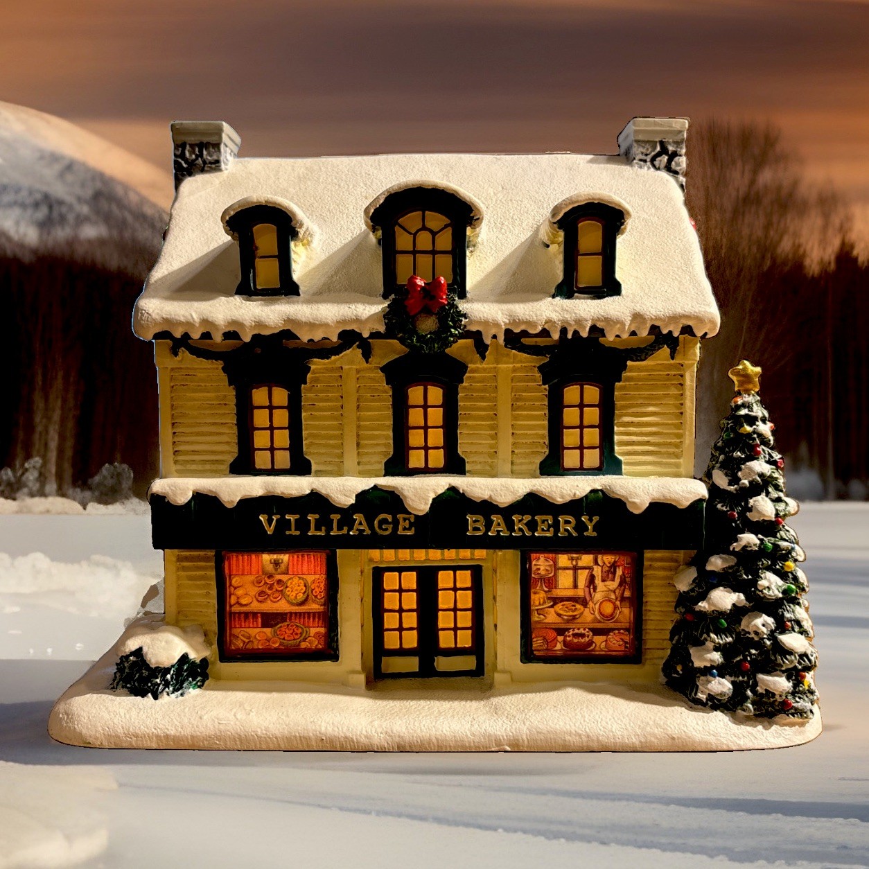Hawthorne Village Norman Rockwell Christmas Village Bakery with Light Mint READ