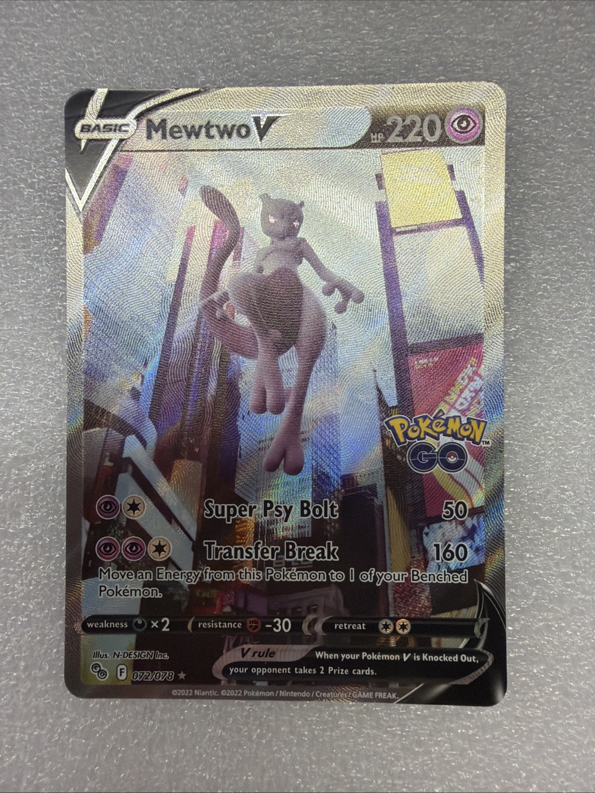 2022 Pokémon Go TCG Mewtwo v Alternate Full Art HOLO Card 072/078 MINT
