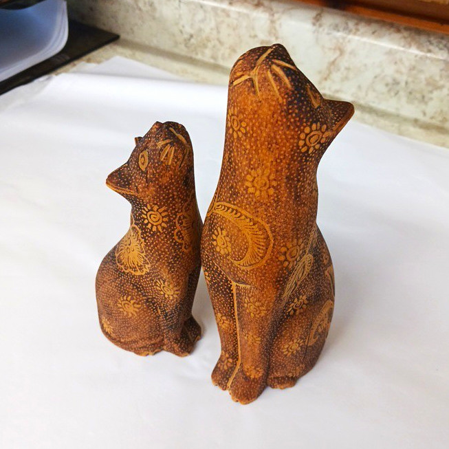 2 Vintage Hand Crafted And Designed Wood Cat Figures