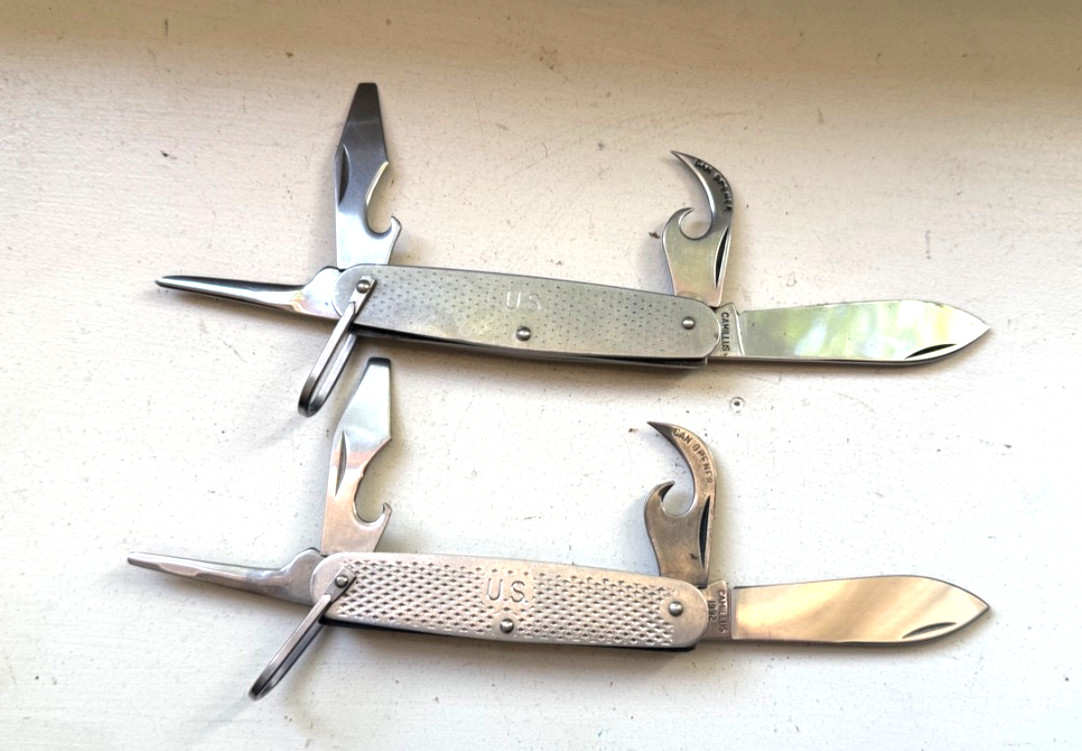 TWO Vintage Camillus US USGI Army Folding Utility Tool Knives - 1977 & 1992 NICE