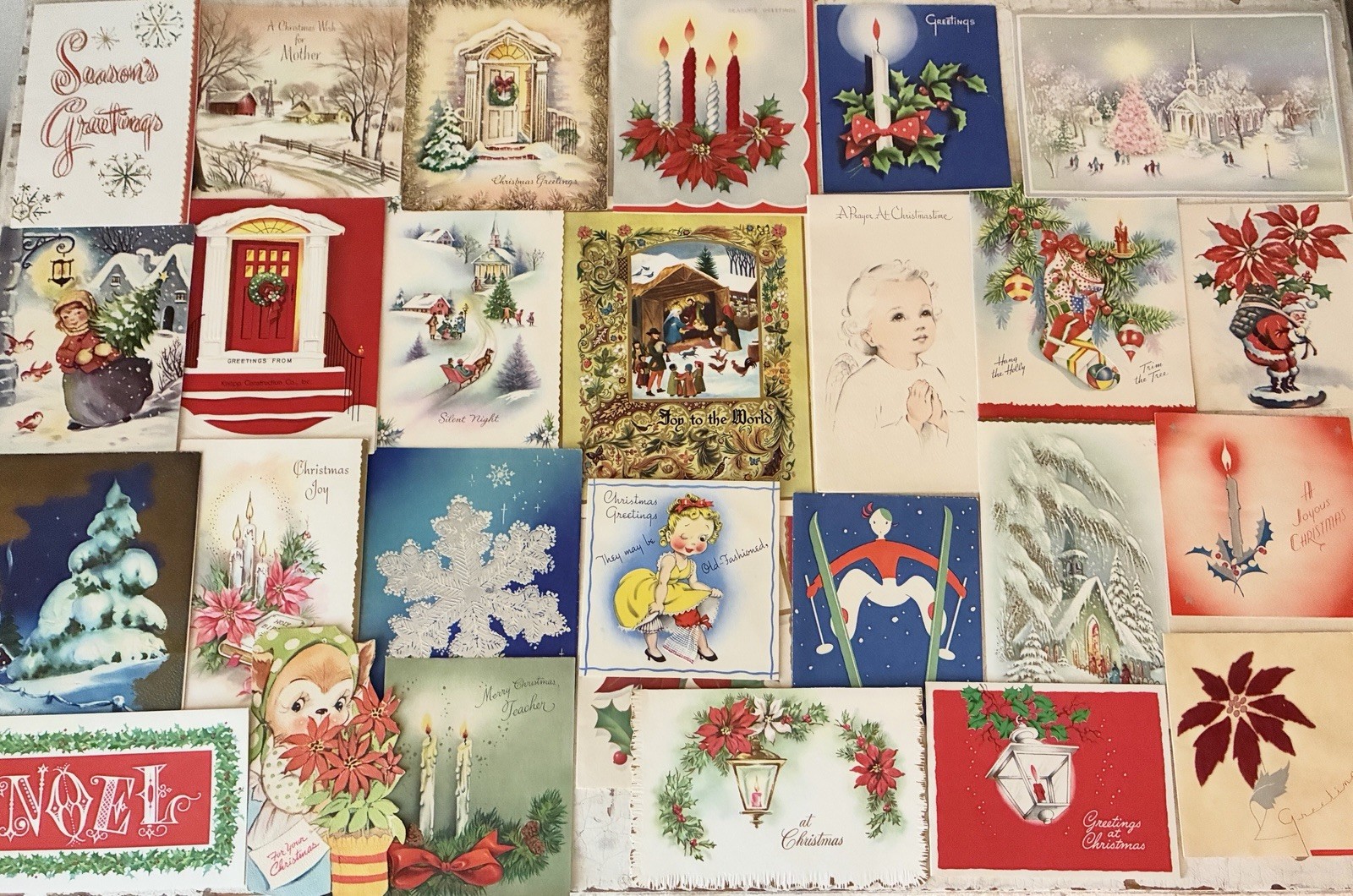 Large Lot of 55 Vintage 1930s-1960s Christmas Greeting Cards 