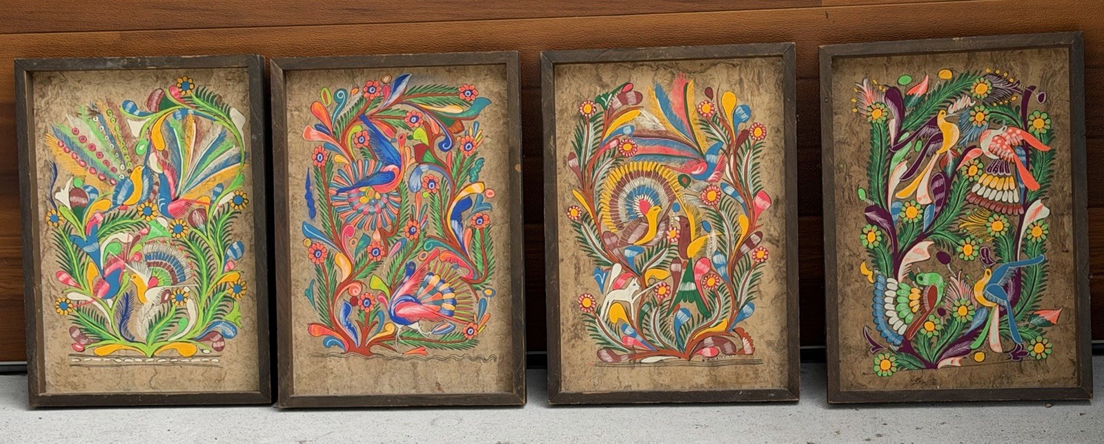Set Of 4 Vintage 1970’s  Mexican Folk Art On Amare Bark Paper 17-1/8” X 24” VGC