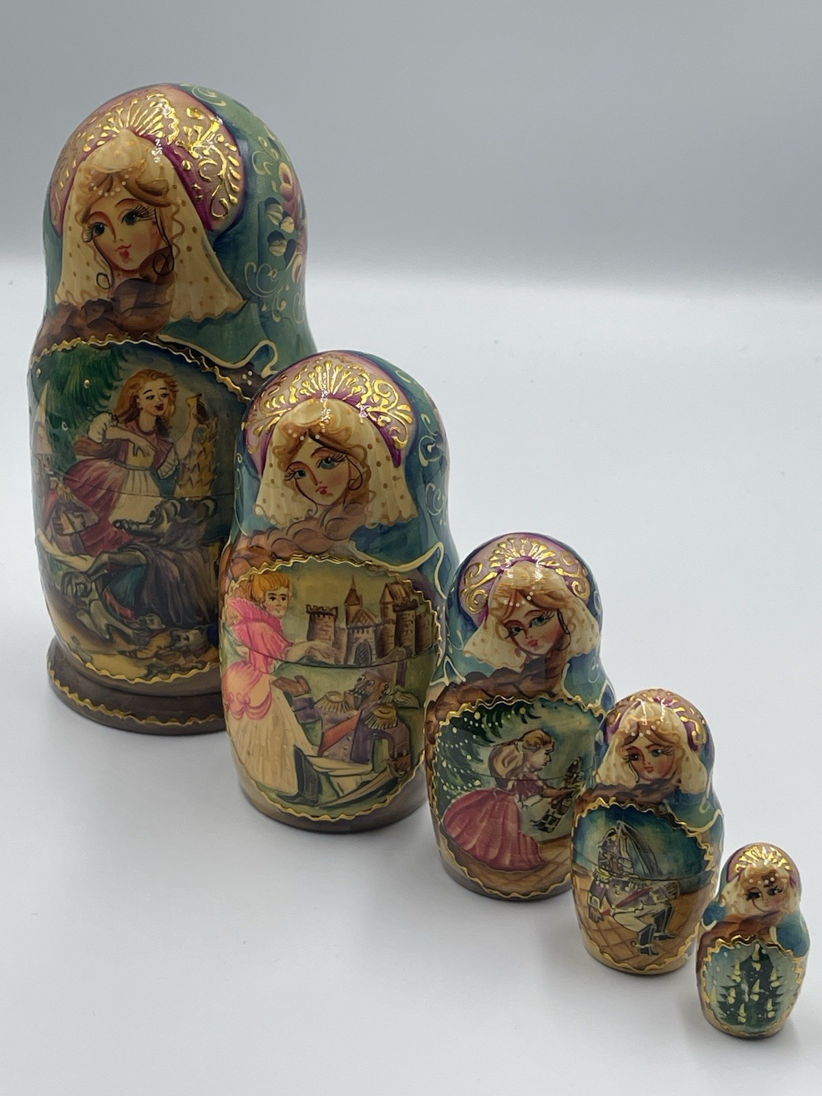 Vintage Russian Matryoshka 5 Pcs Nesting Dolls Hand Painted Signed 7” Fairy Tale