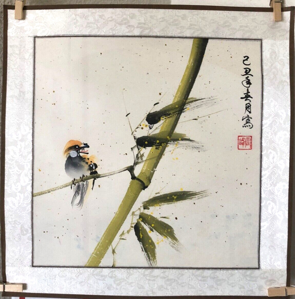 Oriental Asian Art - Traditional Watercolor Painting Bird/Bamboo Signed/Silk Mat