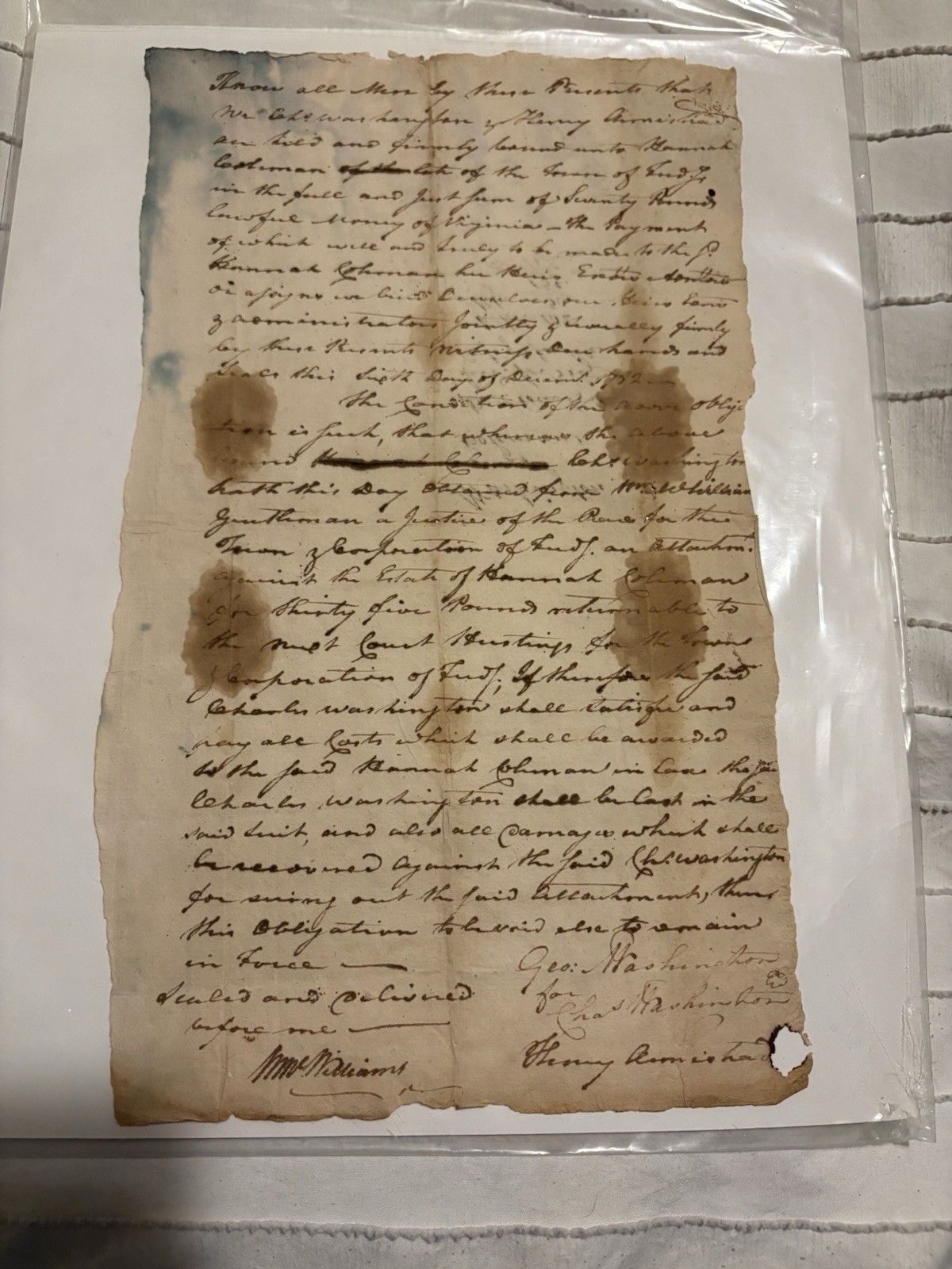 1782 Charles Washington & Hannah Coleman VA Attachment Bond Document