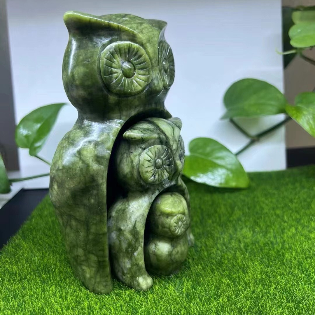 3pc natural serpentine owl family carved quartz hsiuyen jade skull decor gift