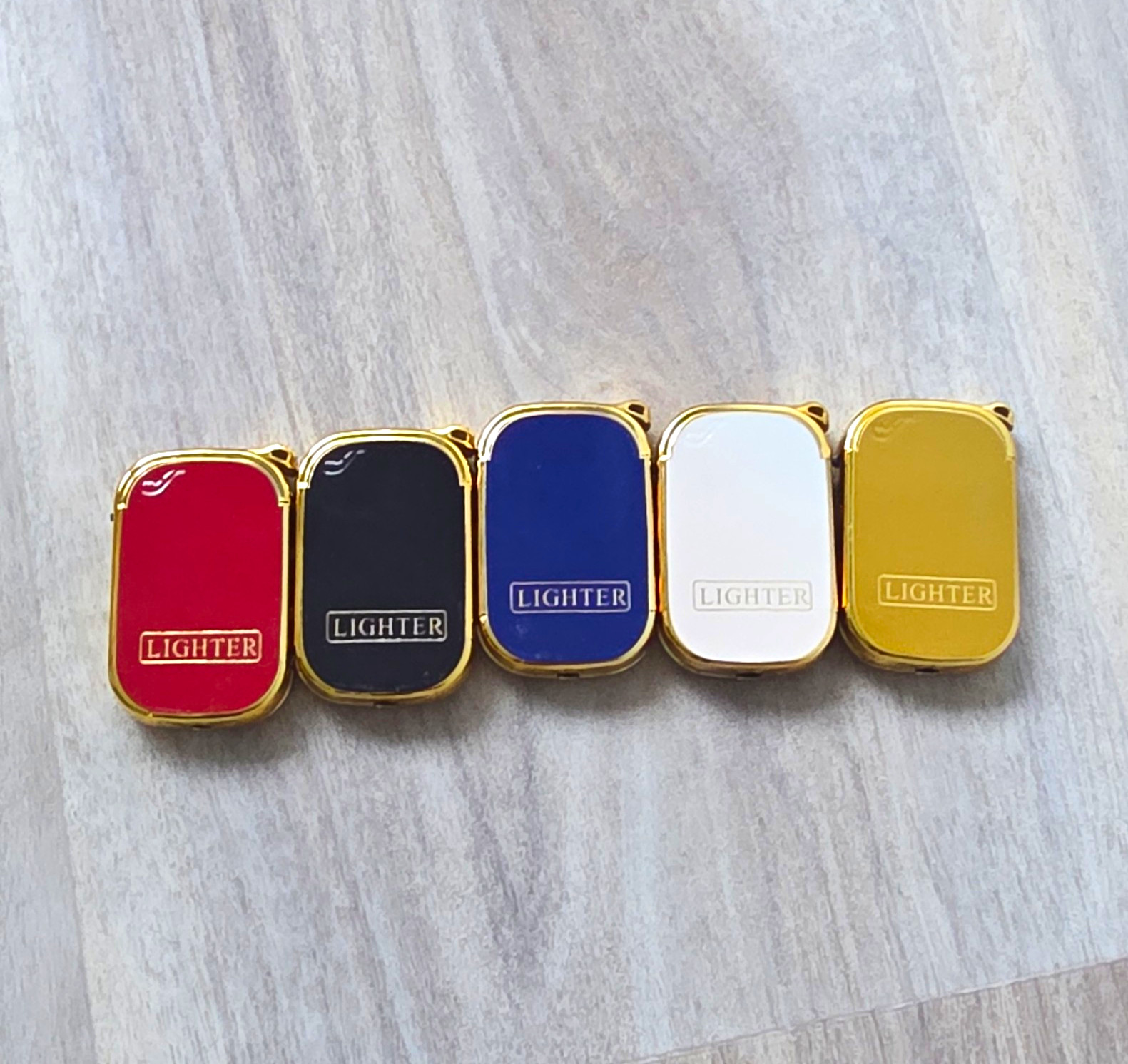 Set of 5 Pocket Lighters, Multicolor w/ “LIGHTER” Label, Gold Trim