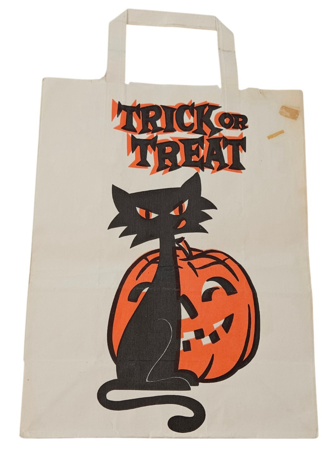Vintage 60\'s Halloween Trick or Treat Bag Paper Blk Cat Jack O Lantern 13\