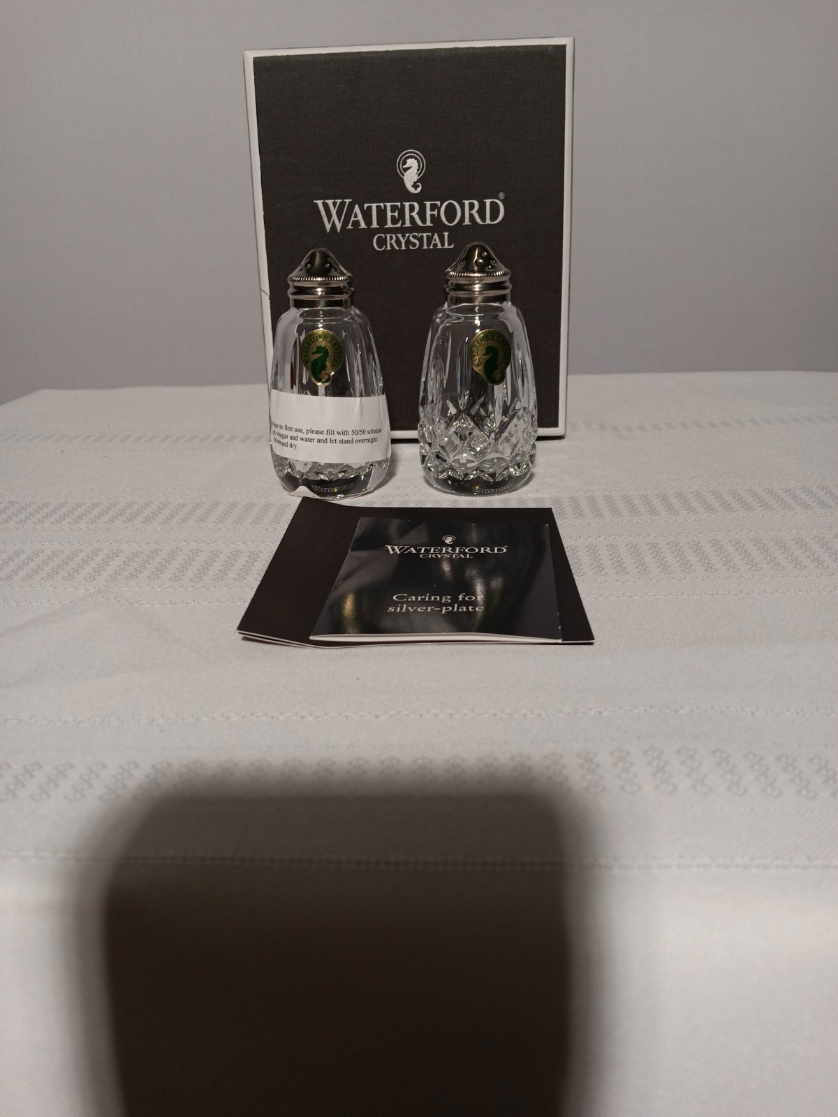 Waterford Lismore Crystal Salt & Pepper Shakers Set Clear Silverplate w/ Box NEW