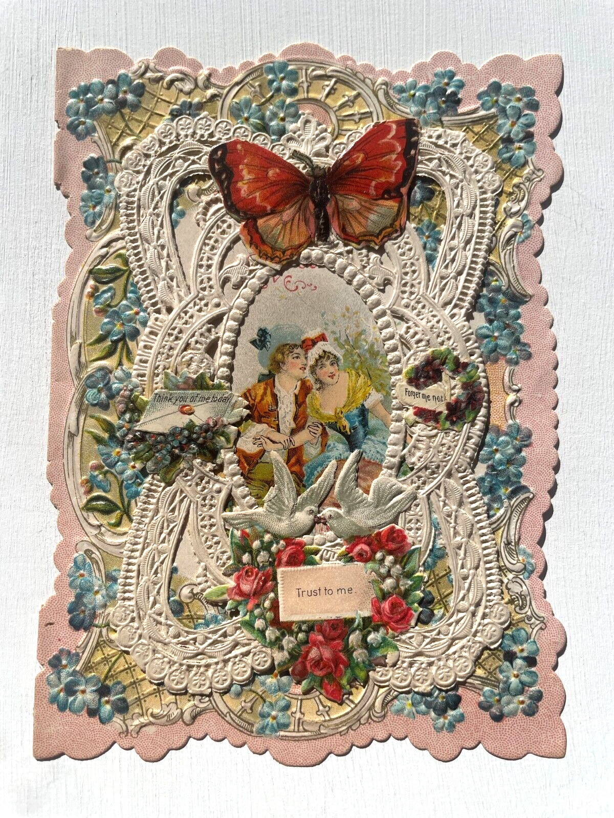 Gorgeous  1910's Layered Paper Lace Valentine's Day Card w/ Butterfly Scraps