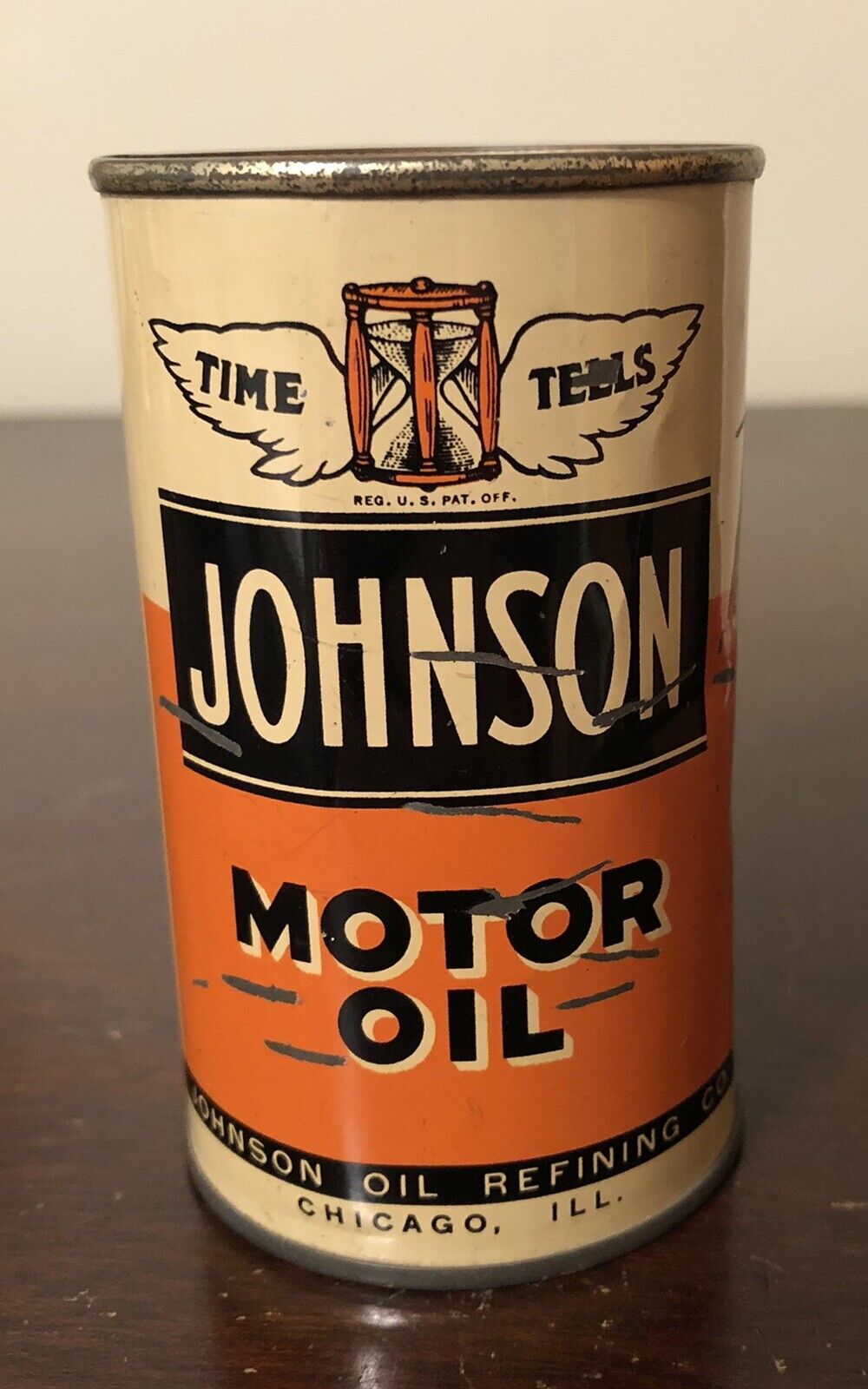Vintage Johnson Motor Oil Metal Advertising Coin Bank Can Time Tells