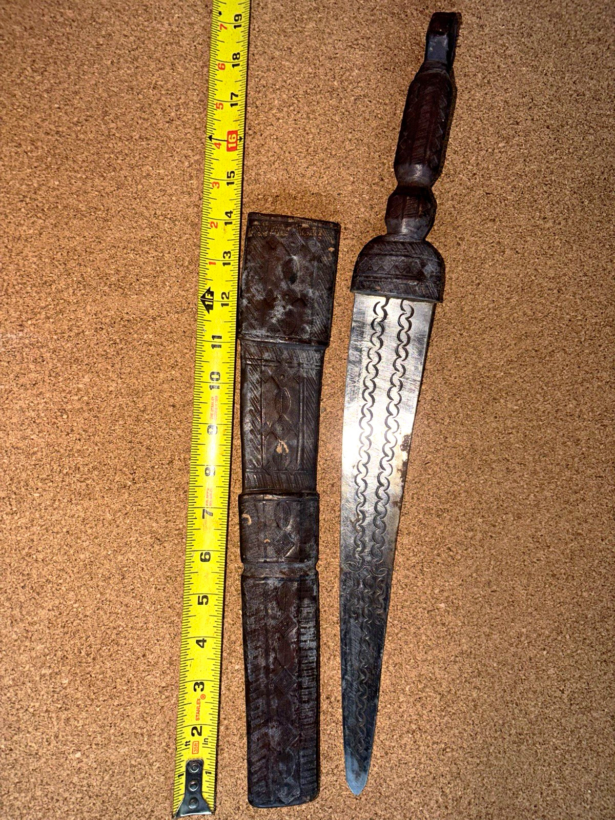 Antique African Shona Banga Dagger Knife Ornate Etched Blade Scabbard 255