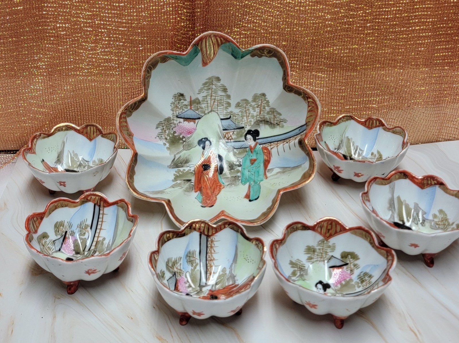 Vintage Japanese Kutani Style Geisha Porcelain Nut Set Bowl 6 Dishes