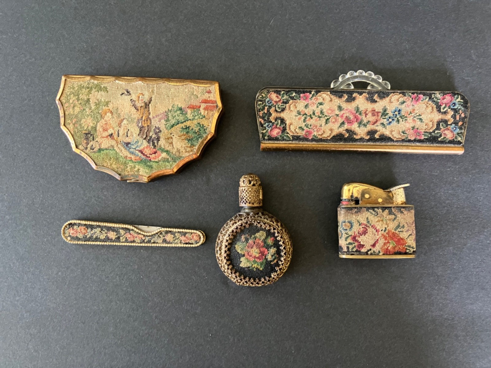 VINTAGE 30's/40's PETIT POINT VANITY SET EVANS LIGHTER-PERFUME-COMB-FILE-COMPACT