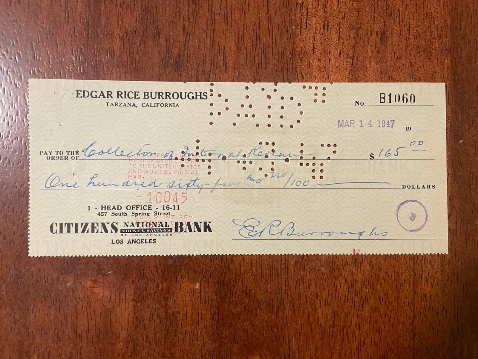 Tarzan Author Edgar Rice Burroughs Signed Autograph Signature Check