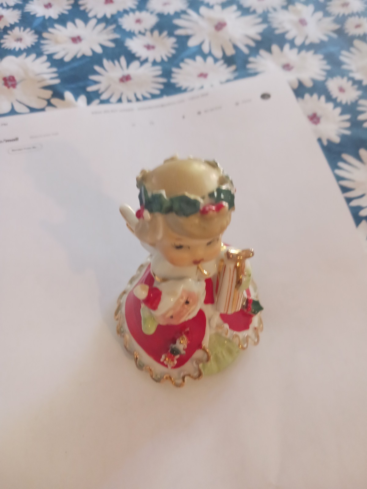 Lefton Vintage Chirstmas Bell Holiday Girl With Santa Mask & Present Sticker