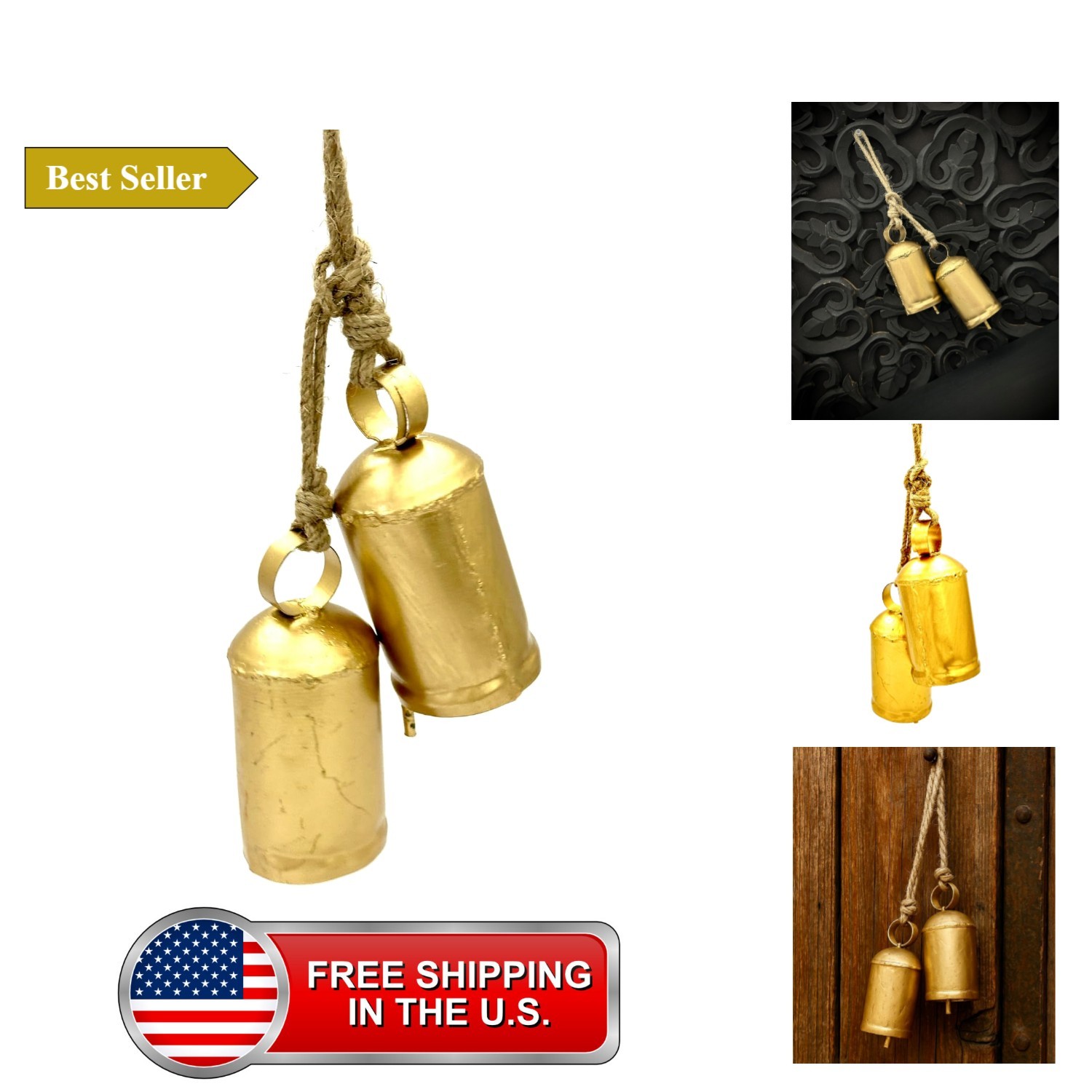 Vintage Gold Hanging Cow Bells – Handmade Iron Decorative Bells Set for Chris...