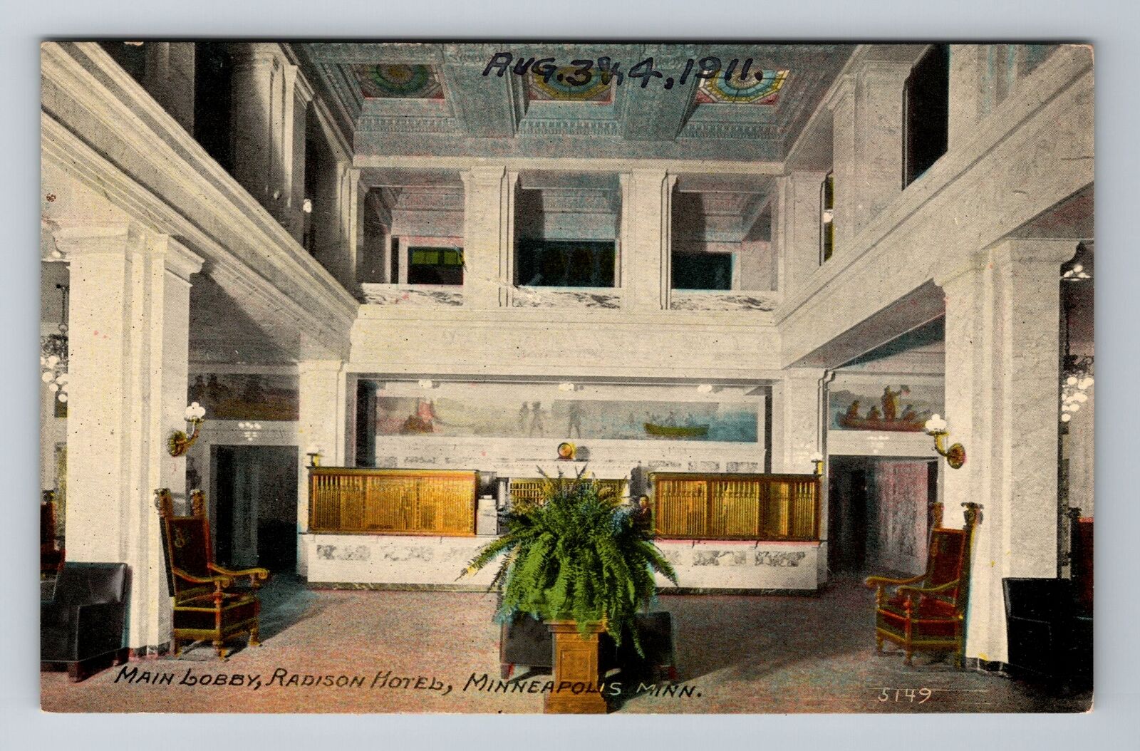 Minneapolis MN-Minnesota, Radison Hotel, Main Lobby, Antique Vintage Postcard