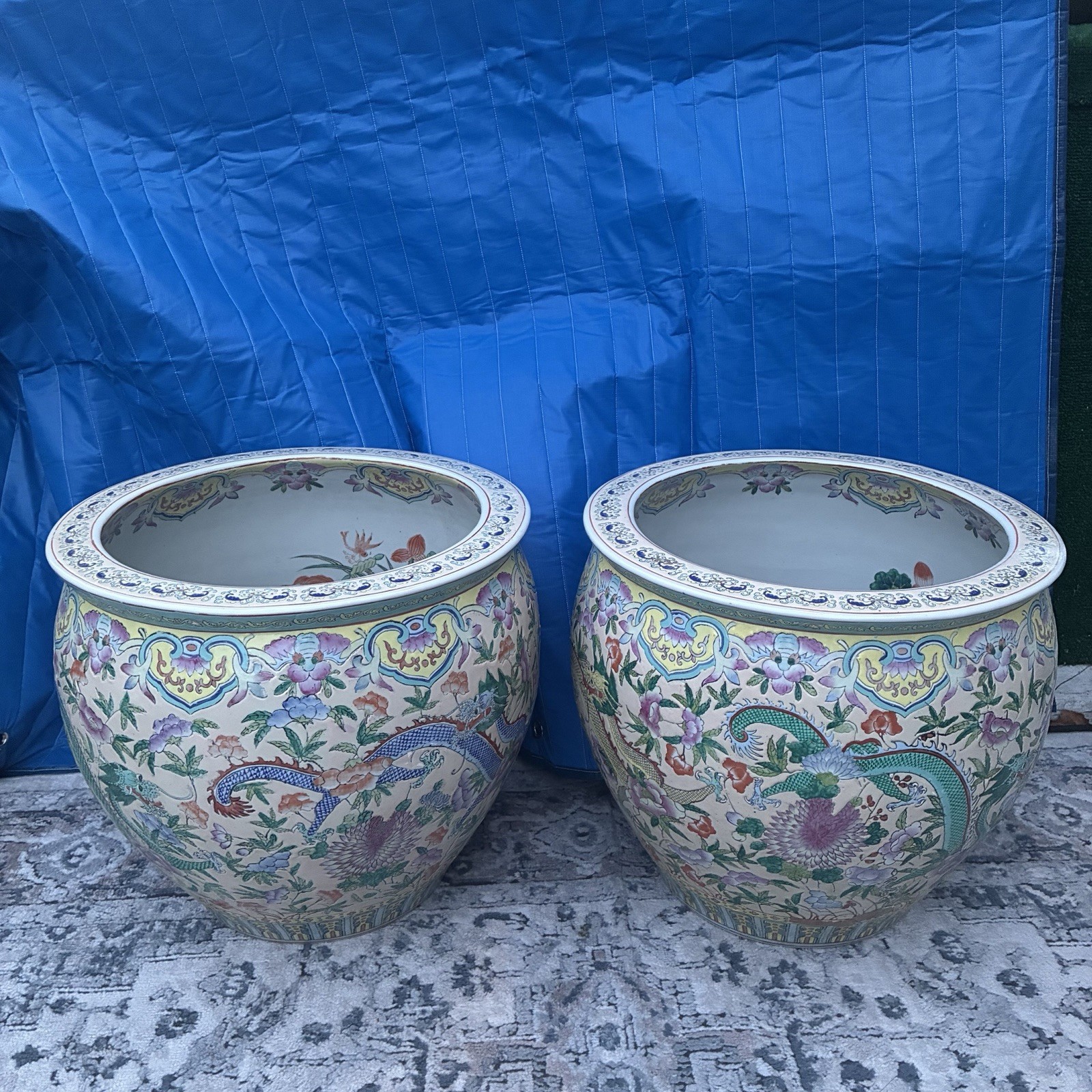 Pair of Large Dragon Floral Ceramic Planters Colorful Asian-Inspired Decor
