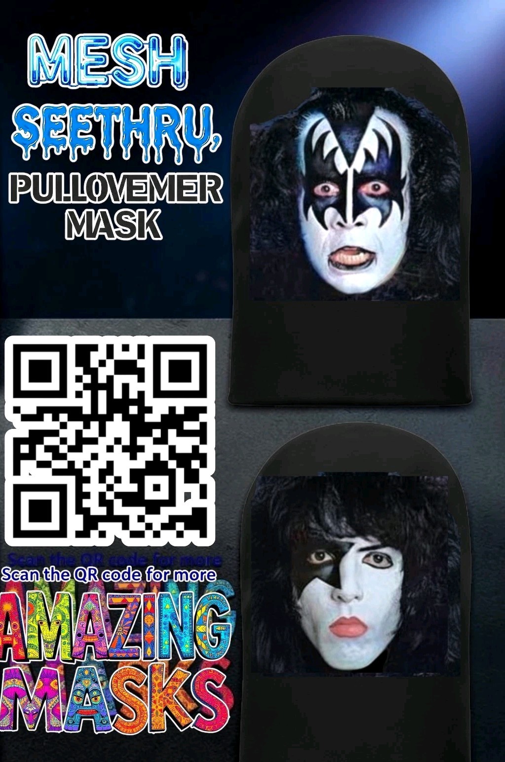2x New KISS Mesh Mask Gene Simmons Face Paint Demon Costume Rock Band Starchild