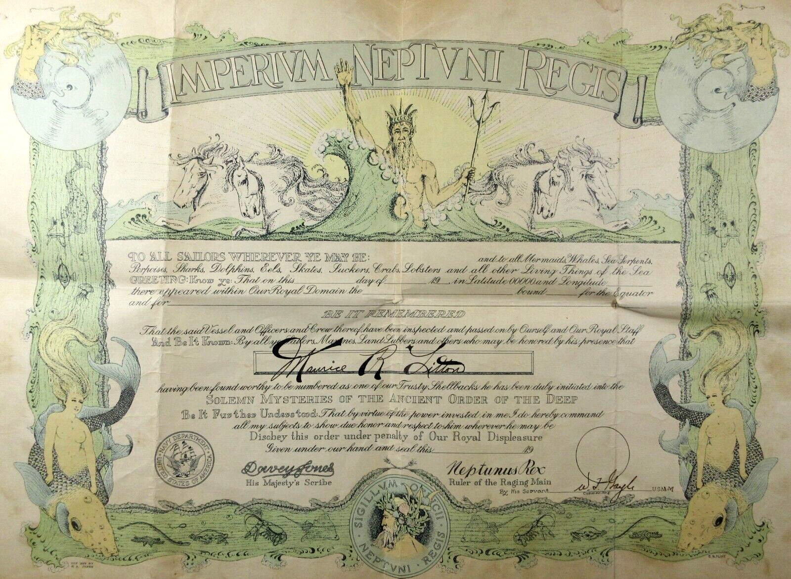 WWII US Navy Shellback Certificate Equator Crossing Merchant Marines 1930-40s