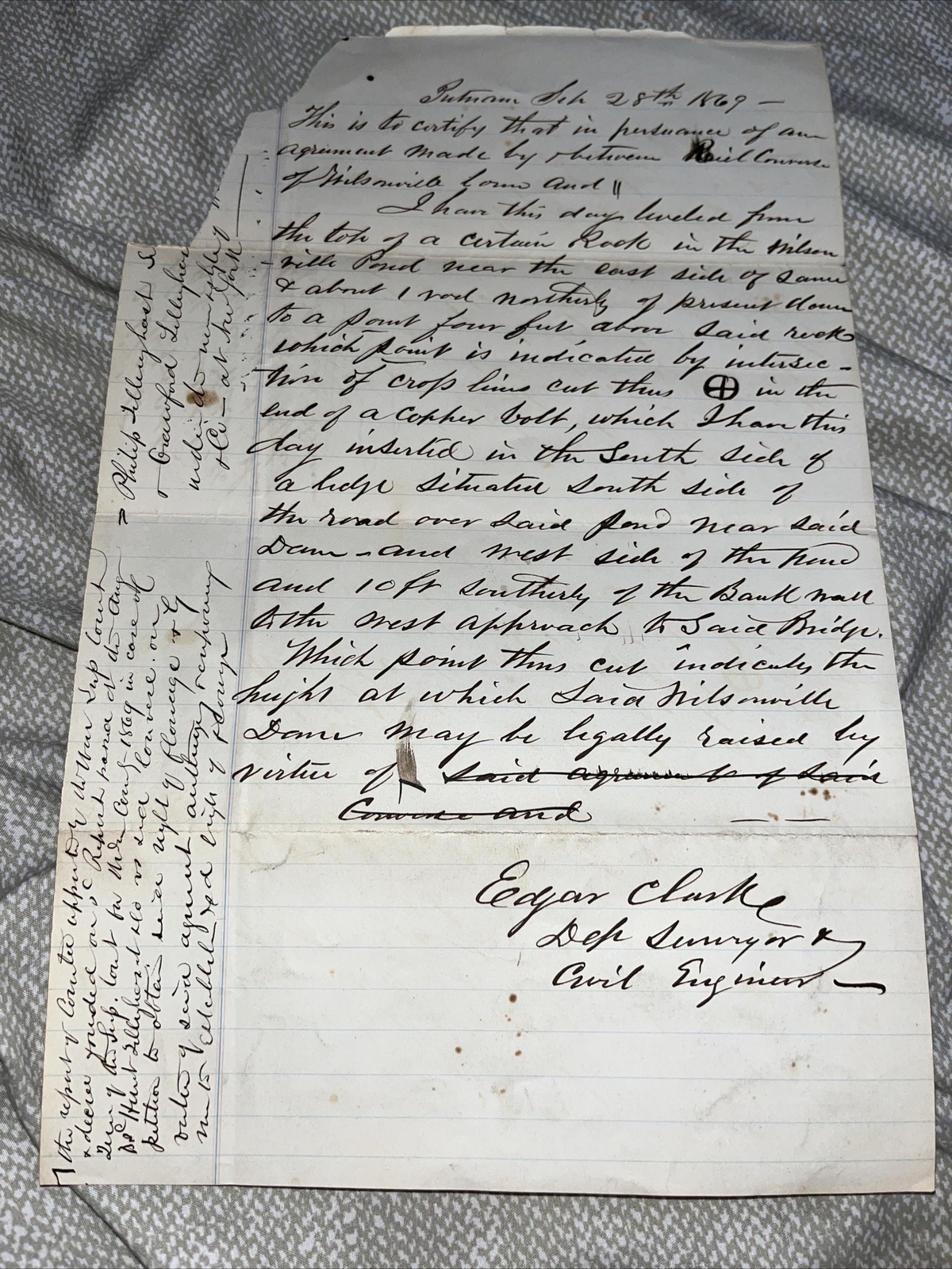 Antique 1869 Surveyor & Civil Engineer Letter on Wilsonville Pond - Thompson CT