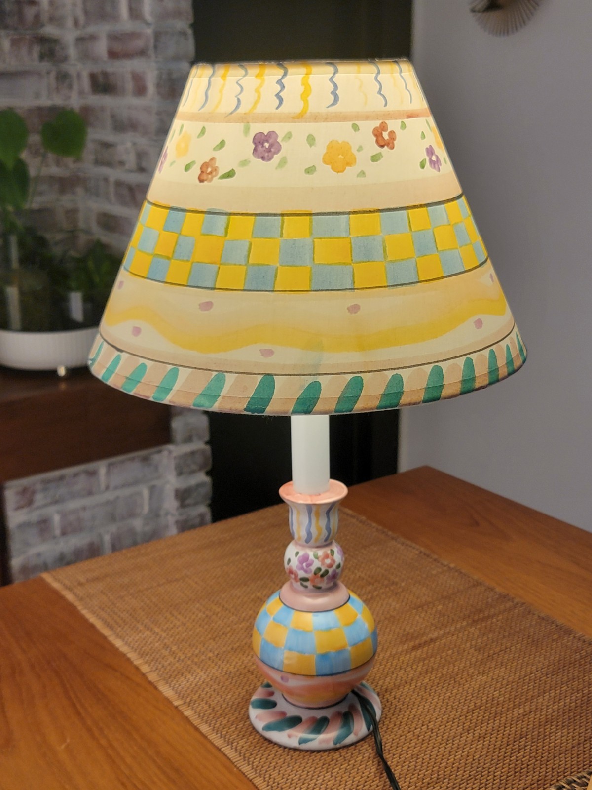 VTG 1990\'s MACKENZIE-CHILDS Hand-Painted TABLE LAMP & SHADE Checkerboard-Floral 