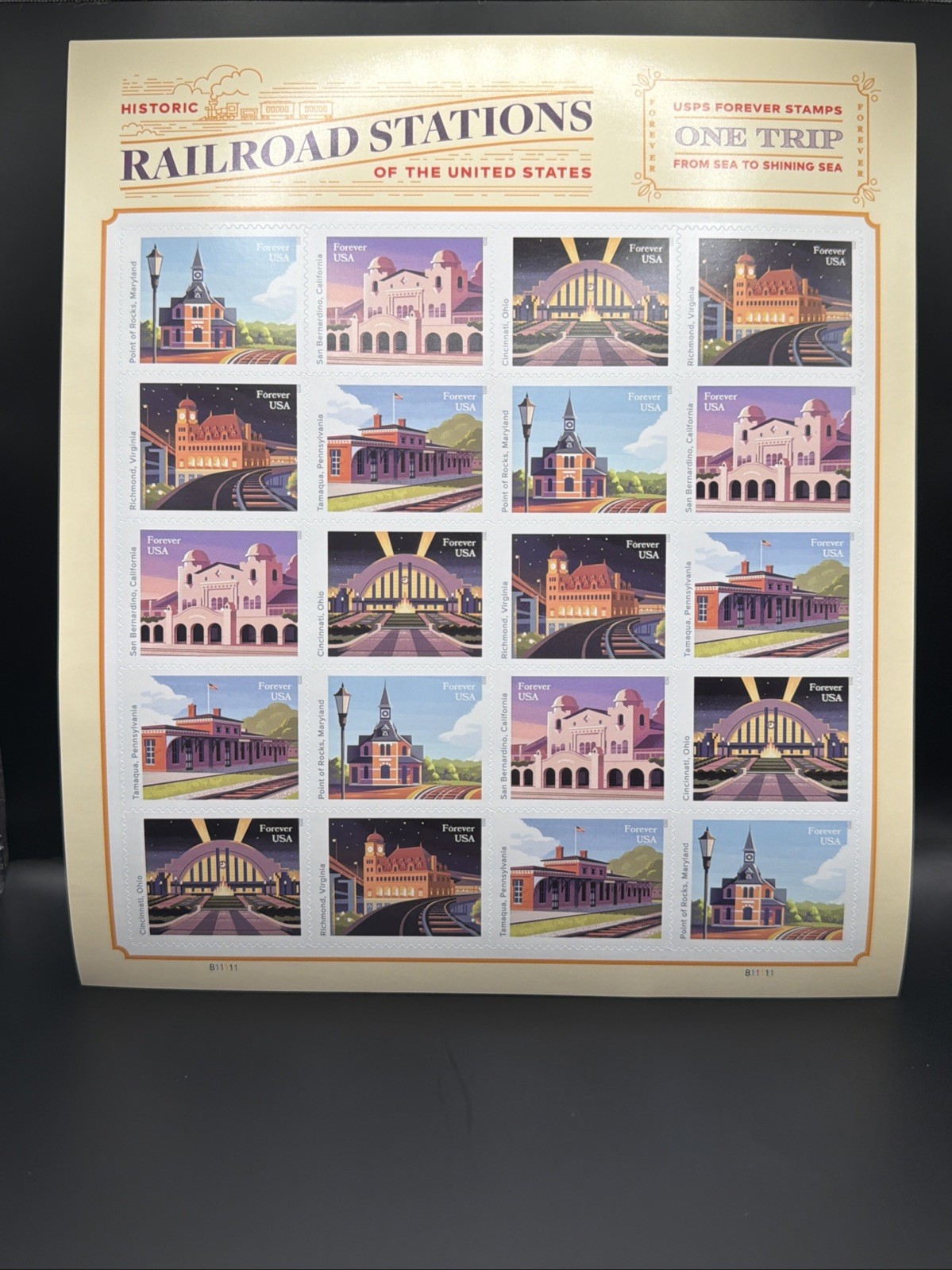 2023 USPS Railroad Stations Forever Stamp Sheet of 20 Collectible Stamps