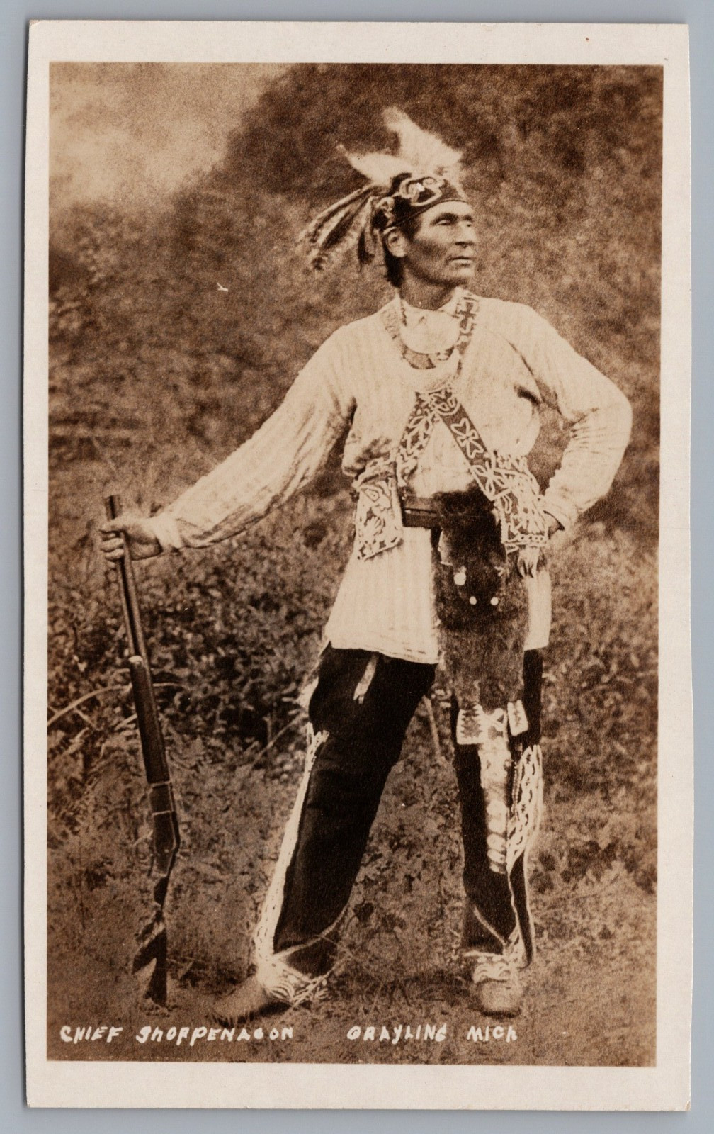 Chippewa Chief Shoppenagon With Rifle Grayling Michigan RPPC Postcard
