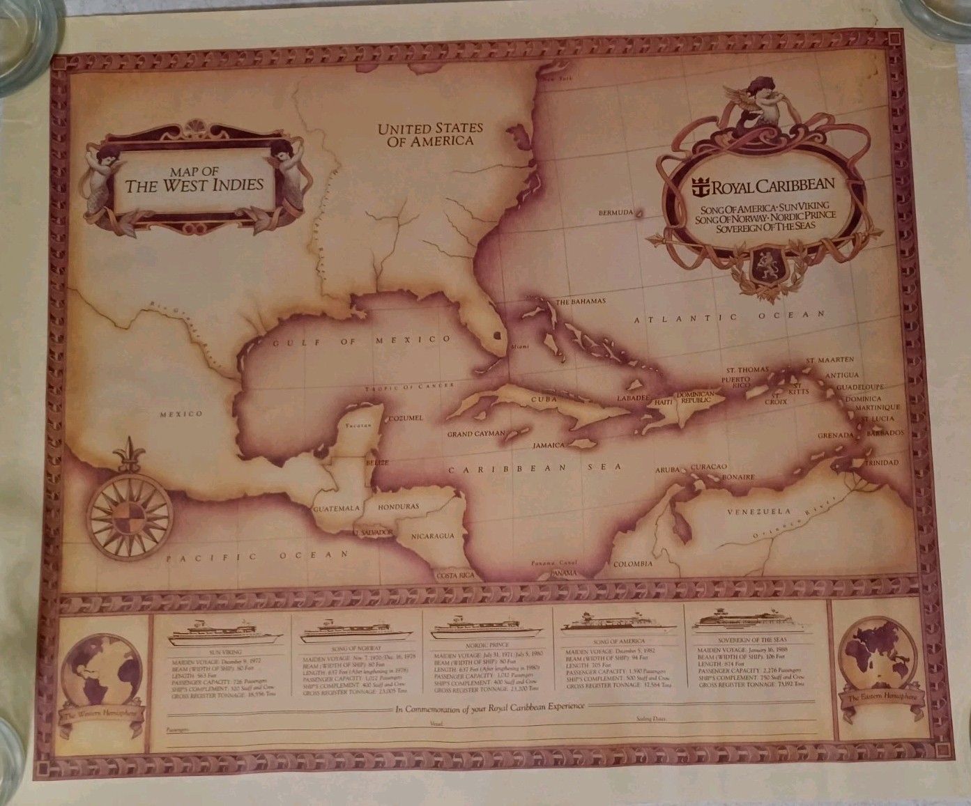 Vintage Royal Caribbean Cruise Line West Indies Map Souvenir 1988 Fleet Ships