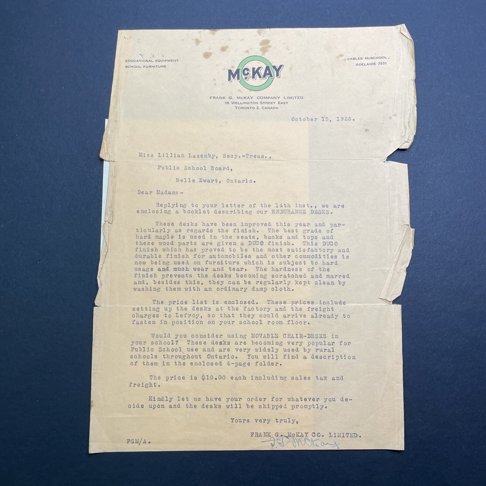 1926 McKay Desks Sales Letter Toronto Canada School Board Ephemera Ontario