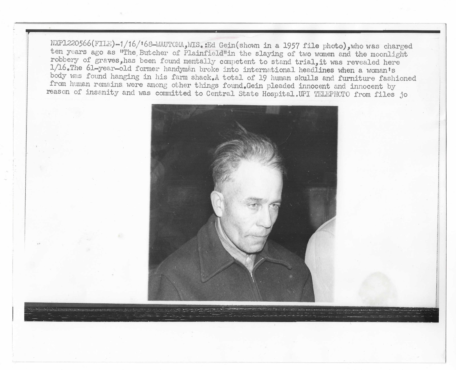 Ed Gein Butcher of Plainfield 1968 Authentic Press Reissue 1957 Photo Sane Trial