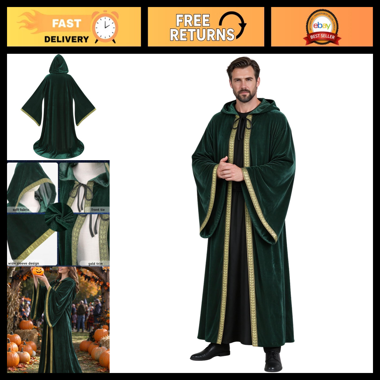 Wizard Robe Cloak with Hood Men Women, Renaissance Fair Costume Medieval Velvet