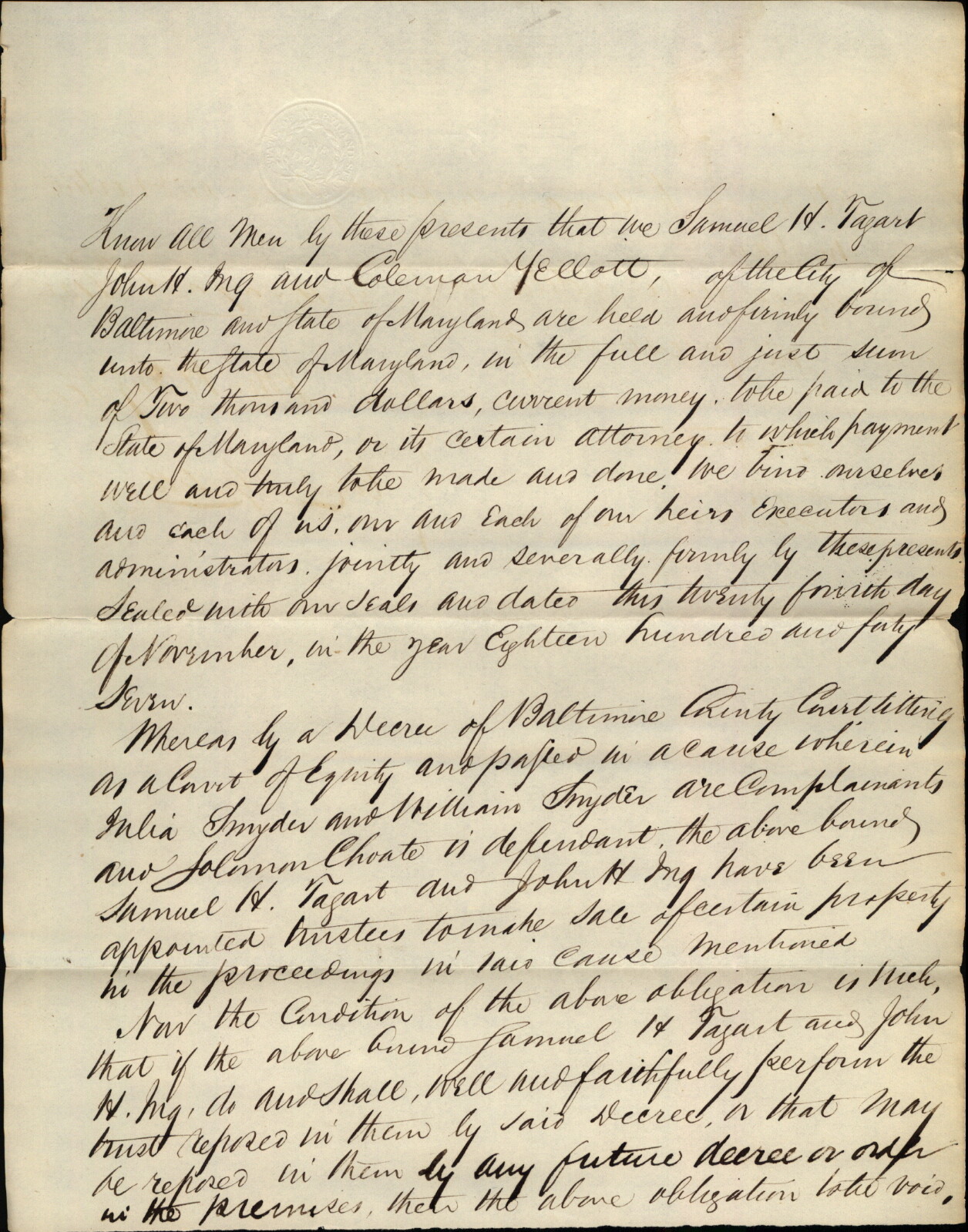 1847 Baltimore Maryland (MD) Legal Court Of Equity,City Of Baltimore,State Of Ma